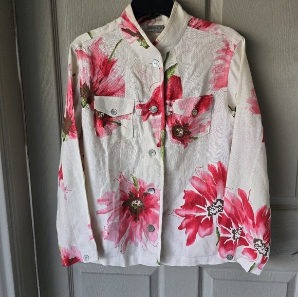 Chico's Floral 100% Linen Shirt Pink Green Long Sleeve ButtonUp Coastal - Picture 2 of 14